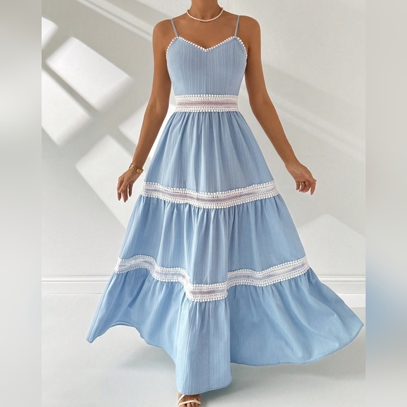 Romantic Wedding Lace Splice Color Block A-Line Maxi Cami Dress - Picture 3 of 5